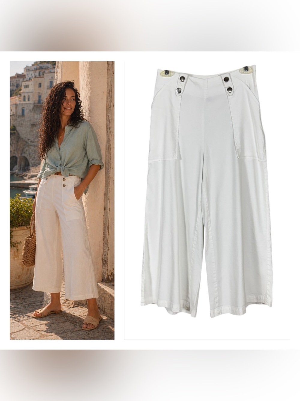 Womens Wide Leg Cropped Pants Small Euro Summer Coastal Beachy White Preppy